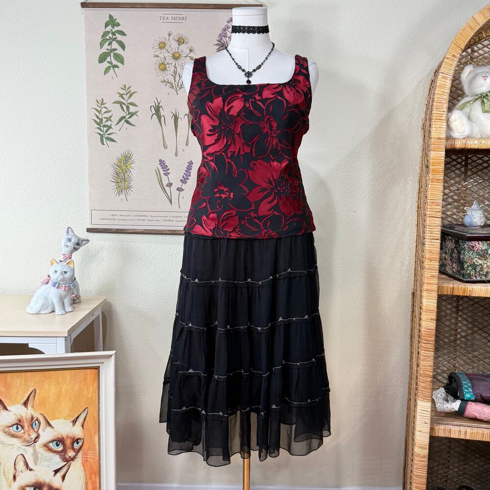 Vintage 90s Y2k Floral Sleeveless Top Vampire Whimsigoth Romantic Goth Sexy L